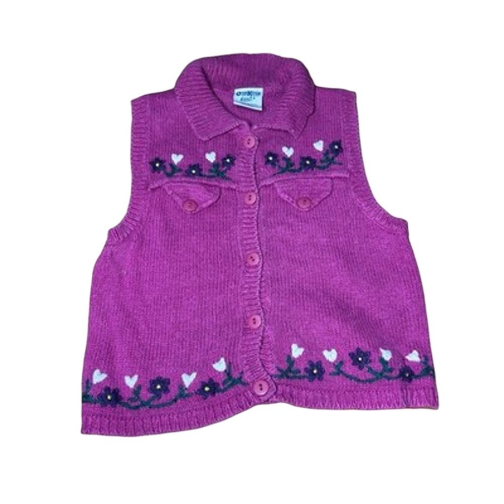 Vintage OshKosh B’gosh Girls Sweater Vest Size 4/5 Purple Floral Hearts